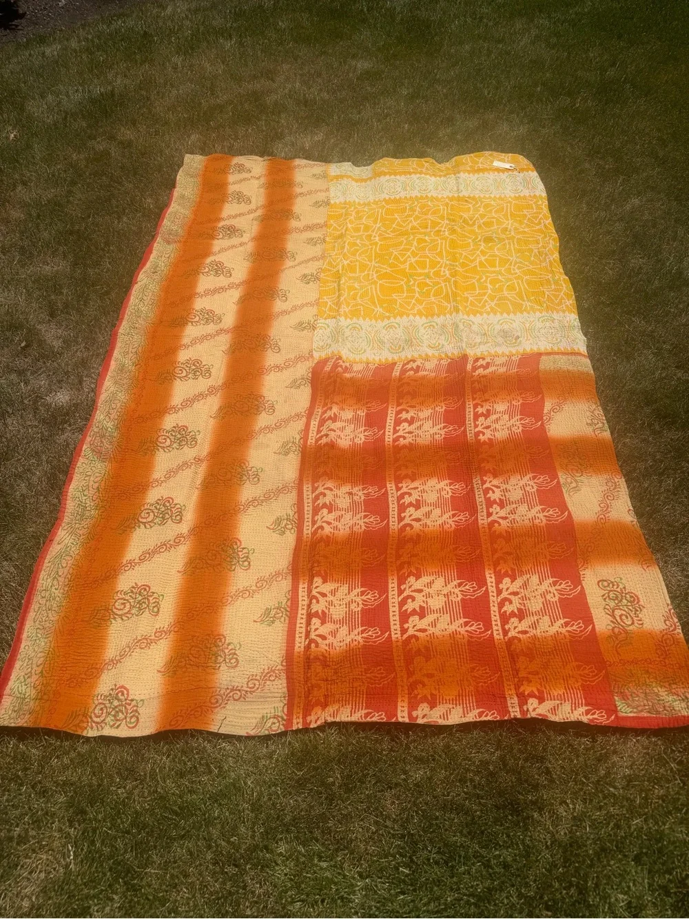 Vintage Handmade Kantha Quilt Blanket Yellow Orange Reversible Boho Cotton Throw
